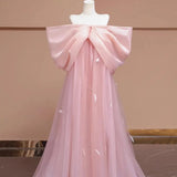 High End Morning Gown, Women's Pink Bow, Bride's Wedding Dress, One Shoulder Birthday Party Dress, Strapless