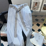 Jmprs Striped Patchwork Pants Women Korean Belt High Waist Straight Trousers Casual Loose Elegant Female Fashion Wide Leg Pants
