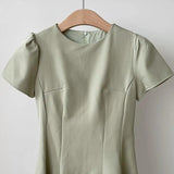 Pbong  Summer Hepburn Style Green Short Sleeve Dress Women's Fashion Slimming Short Skirt High Waist A-Line Dress Commute Style