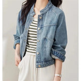 New 2025 Spring Autumn Temperament Retro Women’s Short Cowboy Jacket Stand-up Collar Long-sleeved Ladies Denim Overcoat