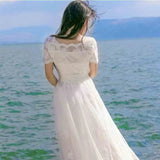 Pbong  Spring Summer New Lace Dress Women's White Square Neck Temperament Simple Fashion A-line High Waisted Fairy Beach Dresses