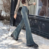 Woman High Waist Vintage Casual Flare Jeans Girls Elastic Slim Fit Bell Bottom Pants Lady Fashion Blue Black Grey Denim Trousers
