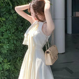 Pbong  French Style Irregular Waist Cinched Sleeveless Chiffon Dress Women Summer New Sexy Neck Hanging Short Skirt Dress