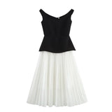 Elegant V-neck Women Long Dress White Black Patchwork A-line Fashion Party Dress New Sleeveless Summer Female Clothes
