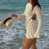 Pbong  Vintage Crochet Flower Hollow Out Dress Cover-Ups Chic Women Sexy Knit Backless Tie-up Mini Dress Summer Beach Holiday Bodycon
