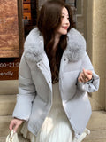 Preppy Style Sweet Parkas Women Cute Long Sleeve Vintage Faux Fox Hooded Cotton Coat Korean Winter Thick Warm New Outwear