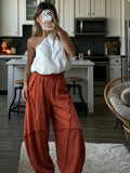 Pbong  Raw Edge Patchwork Harem Pants Elastic High Waist Linen Fabric Wide Leg With Pockets Summer Fashion Retro Lady Pants