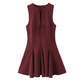 Bow Hollow Out Pleated Dress Women Lace Up Sleeveless O-Neck Slim Fit Fluffy Gown Waist Cinched Dress Woman 2025 Summer Dresses