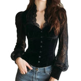Pbong  Elegant Sexy Square Collar Lace Patchwork Long Sleeve Women's Flavor Base Shirt Top Trendy Hollow out Autumn Winter New Arrival
