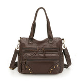 Pbong  Vintage Large Capacity Tote Bag with Multiple Zipper Pockets Rivet Detail Detachable Crossbody Bag Strap Casual Shoulder Purse