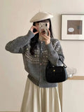 Cute Cartoon Cardigan Sweater for Women Long Sleeve Crew Neck Button Up Knitted Jacket Knitwear Teen-girl Fall Winter Outfit