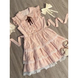 Pbong  Japanese Sweet Summer Dress Women Lace Patchwork Pink Tiered Cake Dress Lolita Inspired Cute Bow Tie Peter Pan Collar Vestidos