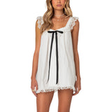 Pbong  Women Mini Dress Lace Trim Fly Sleeve Bowknot Embellished Short Dress Summer Fashion Casual Dress