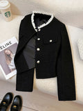 Black Slim Elegant Tweed Jacket Women Vintage Lace Patchwork Long Sleeve Sweet Coat Fall Winter French Casual Retro Tops