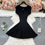 Pbong  Chic Fashion Slim Waist A-line Knitted Dress  Summer O-neck Elegant One Button Party Dress Korean Outfits Vestidos