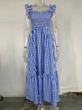 Pleate Loose Retro Sleeveless Checkere Dress Summer Fashion Women's Bohemian Casual Large Hem Dress Slip Dress Beach Sundress