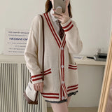 Women Cardigan Sweater Varsity Striped Front Pocket Long Sleeve Button-up Knit Sweater Jacket College Student Girl Preppy Style