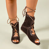 Pbong  Women's Large Size Retro Dark Brown Mid-Calf Boots, Summer High-Top Sandals, Peep-Toe Roman Sandals, Women's Beach Shoes