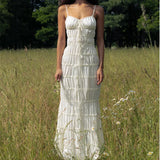 New Summer Chiffon Beige Solid Color Lace-ups Slim Slip Dress Ruffle Chic Party Beach Fashion Long Dress For Women
