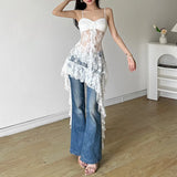 Pbong  Women Dress Sexy Patchwork Mesh Strapless Irregular Waist Ruffled Split Black Dresses Fashion Night Party Vestidos