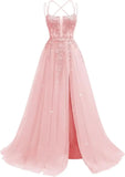 Pbong  Lace Applique Sparkly Tulle Prom Dresses for Women with Slit Spaghetti Straps Backless A Line Long Ball Gown