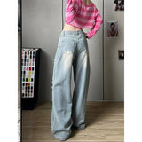 Pbong   Women Blue Baggy Y2k Jeans Hip Hop American Wide Leg Jean Pants Vintage 2000s Harajuku Denim Trousers Clothes Summer