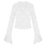 Women's Long Sleeve Lace Top V-neck Flared Sleeve Sheer Lace Crop T-shirt Teen-girl Coquette Fairycore Y2K Outfit