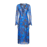 Pbong  Women Sheer Mesh Maxi Dress Polka Dot Floral Print Tie Front Ruffles Trim Split Hem Party Dress Summer Vacation