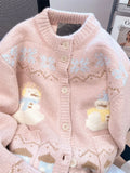 Cute Snowmen Pink Cardigan Sweater Women Vintage Sweet Print Loose Knitted Coat Japan Fall Winter Kawaii Female O Neck Tops