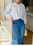 Elegant Pretty  Blouses Shirts Women Tops Floral Whole Piece Embroidery Long Sleeve O Neck Boho 100% Cotton Blouse Shirt Autumn