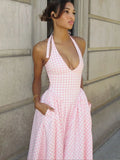 Women Sweet Pink Plaid Print Pleated A-line Dress Sexy Backless V-neck Lace-up Halter Dresses 2025 New Evening Party Club Robes