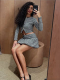 2025 New Spring Houndstooth Tweed Short Coat And Pleated Skirt Women Sets Single Breasted Retro Jacket + High Waist Skirt Suit