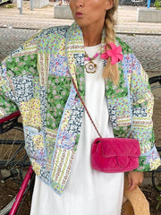 Pink Vintage Print Patchwork Cotton Coats For Woman Casual Loose Long Sleeve Short Jackets Autumn Female High Street Outerwear