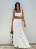  New White Knit Two Piece Women Sets Fall Ribbed Tank Top And Pleated Knitted Skirt Suits For Women Long Dress Sets Summer
