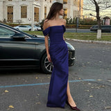 Satin Off-shoulder Sexy Maxi Dress Women Fashion Strapless Sleeveless Backless Side Split Ruched Evening Long Dress