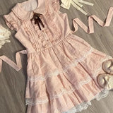 Pbong  Japanese Sweet Summer Dress Women Lace Patchwork Pink Tiered Cake Dress Lolita Inspired Cute Bow Tie Peter Pan Collar Vestidos