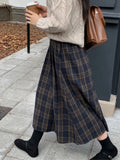 Pbong  Japanese Vintage Long Skirts Woolen Fabric Pleated Patchwork Plaid High Waist Skirt Autumn Winter New Slim Women's Clothing