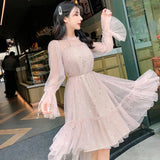 New Arrivals Summer Women Lace Dress Sequined Appliques A-line Mesh Patchwork Solid Dress Fairy Long Sleeves Knee-length Dress
