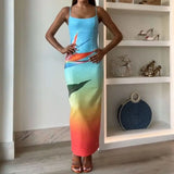 Pbong  Women's Summer Y2K Square Neck Sleeveless Adjustable Straps Sequined Leaves Print Slit Hem Contrast Color Slim Dress
