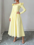 Pbong  Sweet Elegant Women Spring Summer Light Yellow One Shoulder Bow Dress Long Sleeve Waist Slimming Medium Length Princess Dress