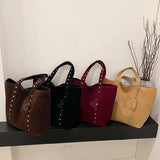 Pbong  Trendy Suede Tote Bag, Studded Detail & Heart Accent, Spacious, Versatile Shoulder Armpit Bags for Daily Commute Casual Outings