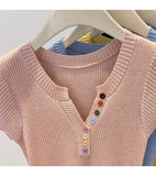Summer V-Neck Short Sleeve Thin Tshirts Women Pastel Colored Button Knitted T-Shirts Teen-girl Stretch Fitted Tees Y2K Clothing
