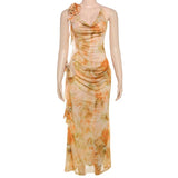Halter Print Maxi Dress For Women Backless Sleeveless Trend Ruffles Sexy Dress 2025 Summer Female Vacation Boho Beach Dresses