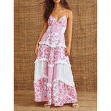 Pbong  Women Summer Boho Lace Trim V-Neck Smocked Adjustable Spaghetti Strap Cross Backless Ruffled Floral A-Line Long Dress