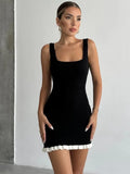 Square Collar Knit Pit Stripe Short Dress Chic Patchwork Sleeveless Slim Summer Women Dress Fashion Tight Female Clothing New