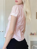 Women Shirts Elegant Short Sleeve Button Closure Solid Slim Fit Blouse Summer Y2K Tops