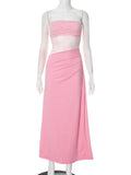 Lace Splice Strapless Dress For Women Hollow Sexy Sleeveless Backless Dress Pleated Elegant Slim Beach Vacation Dress