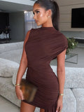 Women Fashion Irregular Pleated Tassels Mini Dress Elegant Turtleneck Sleeveless High Waist Vestidos New Party Club Dresses