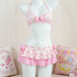 Pbong  Japanese Sweet Kawaii Summer Beach 2 Piece Sets Y2k Aesthetic Fashion Fruit Print Ruffle Bikinis Set Bow Appliques Punk Clothes