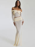 Fashion Skirt Two Piece Set For Women Off-shoulder Sheer Long Sleeve Crop Tops And Long Skirt Sexy Two Piece Sets